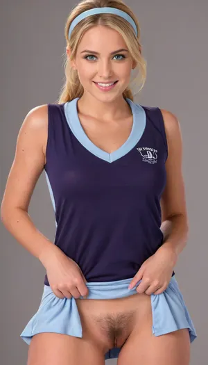 (A beautiful 17-year-old American Caucasian woman with the unique beauty of a Caucasian woman. She looks younger than her actual age and is at the peak of her teenage charm:2), (Her gentle gaze and beautiful pale sky blue droopy eyes are almost perfectly balanced, and her gaze is perfectly maintained on both sides, with no misalignment. Her eyes, staring straight into the camera, are stunningly beautiful:2), ((The hairband she wears around the back of her shiny, long, straight blonde hair is surprisingly cute and very nice:2)), (A beautiful nose with a high nose bridge typical of Caucasians:1.5), (A very cute and gentle smile with upturned corners of the mouth:2), (A moderately long and beautiful neck), (Beautiful pale lips:1.5), ((Ultra-high performance orthodontic device provides excellent whitening effect, ideal normal shape of each tooth, beautiful teeth alignment, and perfect correction of mandibular prognathism:2)), ((The healthy and clean-looking women's volleyball uniform is a one-piece style consisting of a sleeveless polo shirt with a collar and a cute mini pleated skirt. It fits her form perfectly, highlighting her beautiful figure and accurately tracing her body lines and skin texture in 3D, highlighting the outline of her beautiful breasts and plump nipples. The skirt is a no-panty style, so her cute private parts are completely visible. She shyly lifts the hem of her skirt to show off. The features of this outfit make her incredibly cute and give off a special aura:2)), (Her groin is covered with thick pubic hair and her young pussy is tightly closed:2), (She is tall like a female volleyball player, not too fat, and has a beautiful figure with moderate sensuality and feminine curves:2), ((3D figure from head to knees:2)), (Even the shape of her fingers is perfectly depicted:2), (Special particles are scattered throughout, creating a three-dimensional, realistic photography effect, with even the smallest dots and lines depicted sharply and clearly, with a smooth surface texture and soft expression effect:1.5), ((Using the latest equipment and technology, vivid whitening effect and ultra-vivid, rich colors and contrast correction)), (NSFW 8K ultra-high resolution & ultra-high quality, professional photographers shoot with 3D ultra-high performance high-sensitivity cameras, capture the three-dimensional effect & shape, and express subtle emotional expressions with ultra-realistic best shots. Masterpiece promotional photos:1.5), Playboy, magazine, cover, 1960s, 1970s, 1980s, 1990s, 2000s, skirt lift, 80s porn magazine, playboy, 80s porn magazines, figure skating, leotard, ice, rink, 80spornomag, skirtlift, f1guresk8ing, figure, skating, dress, <lora:playboy_cover_SDXL_v1:.3>, <lora:80spmagxl_v1-000002:.8>, <lora:skirtlift_xl:.5>, <lora:Figure_Skater:.3>