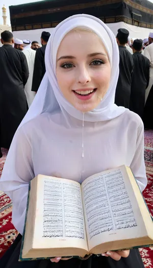 8k, 18 years old, high resolution, wearing transparent hijab, ultra-detailed, pale skin, in front of kaaba, crowd of muslim people, very happy, reaslistic face, reading quran, cum on quran, cum dripping to quran