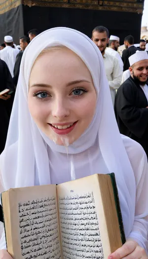 8k, 18 years old, high resolution, wearing transparent hijab, ultra-detailed, pale skin, in front of kaaba, crowd of muslim people, very happy, reaslistic face, reading quran, cum on quran, cum dripping to quran