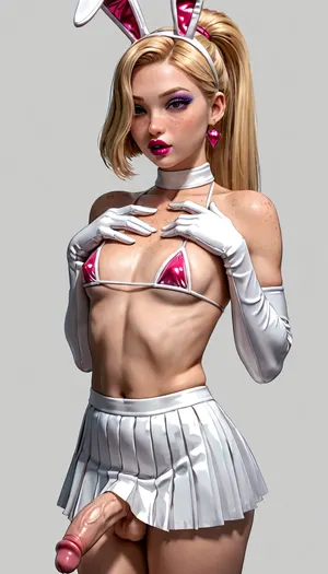 Jessica rabbit, ((very skinny and tall)), 50 yo, ((Transsexual with medium sized cock squirts sperm)), bimbo slut, red transparent plastic micro jacket, blonde hair, (freckles:1.5), high ponytail with bangs, ((very big plump lips)), medium breast, heavy Sexy makeup, ((Sexy makeup, intense saturated glossy magenta lipstick)), transparent red plastic micro bikini, white latex pleated micro skirt, white latex rabbit ears, gloves, (femboy, Big cock comes)