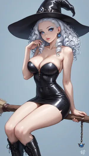 a super sexy voluptuous witch, white skin, long white curled hair, perfect sexy witch face, blue eyes, eyeliner, black leather witch hat, strapless leather witch mini dress, black leather boots, cleavage, (sitting on a flying broomstick), blue summer skies