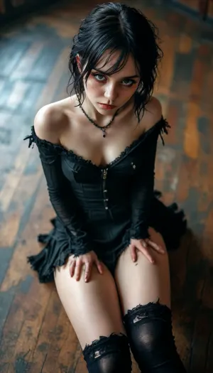 ripped revealing clothes, (Dynamic angle:1.5), (View from above:1.5), Sitting, hugging her knees, a girl, Knees, goth, Small tits, <lora:MJ52:.3>