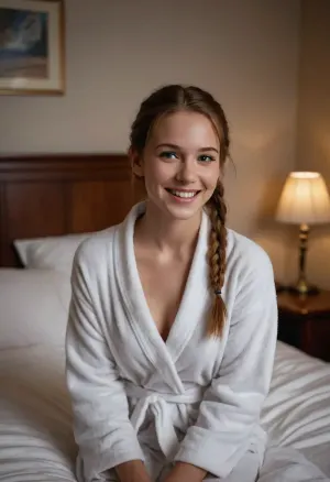 (masterpiece, best quality, high resolution, photorealistic, cinematic lighting), 1 young woman, sitting on the edge of her bed, (American), extremely beautiful, the most popular girl in school, excited smiling face, (auburn hair), long hair, (braided pigtails), skinny, short waist, (very petite), (wearing a white terrycloth bathrobe), in a college dorm bedroom, portrait from the waist up