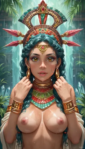 A Aztec priestess performs a rain-making ritual, (((in a crystal temple))), ((hands up)), ((crystal)), exposing her perky tits, orgazm, <lora:shirtpull_SDXL:.8>, style, of, Aztec, <lora:tbh264-sdxl:.8>, Jed-Blmicry, <lora:BioIceCrystalStyle-000006:.8>, ral-crztlgls, <lora:ral-crztlgls-sdxl:.8>, crystalline, <lora:EnvyCrystallineXL01:.8>