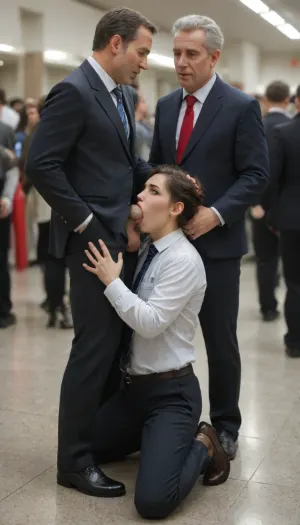 (((full body view))), (fat old man in business suit), trousers unzipped, big penis, standing in busy bar, blowjob, younger man kneeling in front, in suit giving blow job, oral sex, people watching, (((in a busy pub))), business suit, socks, shoes