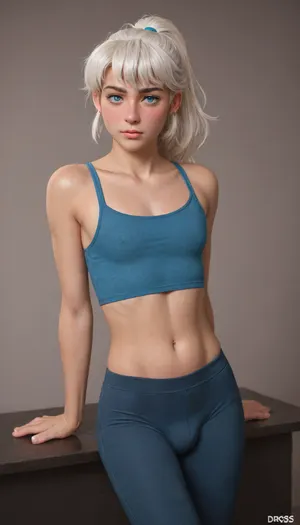 Femboy with white hair. Hair in no chest ponytail in the style of the artist, (Dross), in tight leggings like shorts short without panties the penis rests in the leggings, in a top blue leggings dark gray
