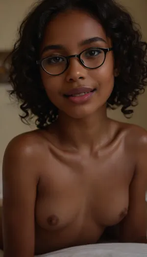 Ultra realistic, 8k, 3D effect, (((side view))), (((deep field))), (backlight), Meika woollard, dark-skinned, glasses-wearing, (((perfect round face and absolutely gorgeous))), insta model, (teemager:1.9), (((small smile))), (((sitting on a bed))), (((One leg bent))), ((naked)), ((hands behind)), (very slender body), (((low angle view))), ((from below)), (((close up of vagina))), (((focus on a vagina))), ((focus on an ass)), (shaved pubis), (((wet and shiny pussy))), ((dripping vagina)), 18 years old, ((oily skin)), (DARK makeup:1.2), ((very thin)), ((black hair, short, strong, curly)), (teen:1.6), (((DARK inner lips))), ((big and voluminous inner lips)), ((wide open ass)), supermodel, face, lips, big, melanin, <lora:add-detail-xl:.7>, <lora:ahxl_v1:.4>, <lora:BUT_SDXL_SHS:1>, <lora:Beautify-Supermodel-SDXL:.8>, <lora:melanin-XL:2>