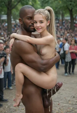 8k, uhd, photorealistic, (((interracial))), (strong tall man, lean and muscular man:1.3), ((extreme oversized penis:1.4)), (carry fuck), 18 year old, (petite:1.3), ((underage:1.4)), ((small body:1.4)), (glistening skin:1.1), small breasts, (light platinum blonde:1.3), high ponytail, hugging, (leg lock:1.3), anal sex, anal squirt, (excessive cum:1.4), (huge size difference:1.7), nice bubble butt, breasts visible, (perfect smile:1.4), (large eyes:1.2), (looking up), (close view of face:1.3), side angle view, beautiful fantasy forest backgound, flat, chested, 4ng3l, face, (crowd of people), PEAnimeBG, Background, anime, scenery, <lora:detailed_notrigger:1.1>, <lora:flat_chested_v3.5:1.6>, <lora:SDXL_BetterFaces-LoRA_v1:1.6>, <lora:crowd_notrigger:.8>, <lora:PE_AnimeBG:1.1>