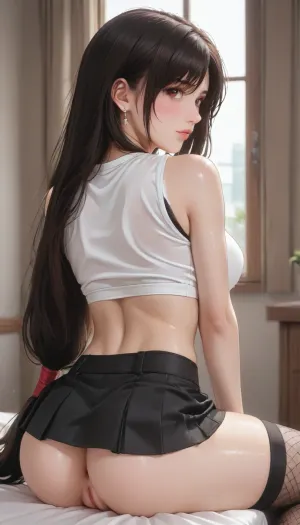 ai_generated, (Tifa Lockhart, pretty face, crop top, fishnet under shirt, mini skirt, long hair), large_breast, showing_back, ass, sitting, ((facing her back to viewer)), Sexy Girl, (Shiny Skin), ((perfect pussy)), ((Hentai)), <lora:outline_xl_kohaku_delta_spv5x:1.6>, <lora:NEOTOKIOXL_0.2_RC:.7>, <lora:Ppolar-P3v1-NbVp10:1.6>, <lora:cartoon_stickers_xl_v1:1.2>, <lora:AshMilkshake_Illustrious_v1:1.7>