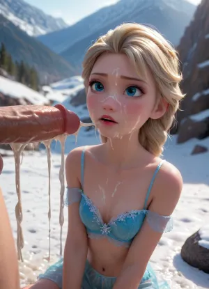 20 yo blonde Elsa from Frozen, Disney, Pixar, make-up, sexy, snowy mountain, blue lingerie, on knees, looking up, cum, cum on face, (excessive cum:1.5), big cock, <lora:princess_xl_v2:2>