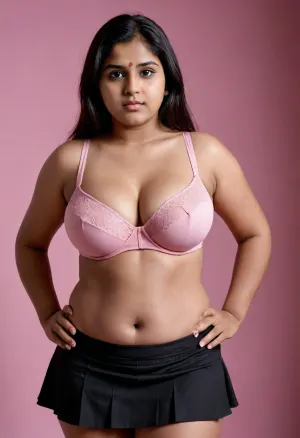 Indian young chubby school girl with big breasts wearing a pink bra through which her nipples are. Poking out and a black skirt through which her panty is visible