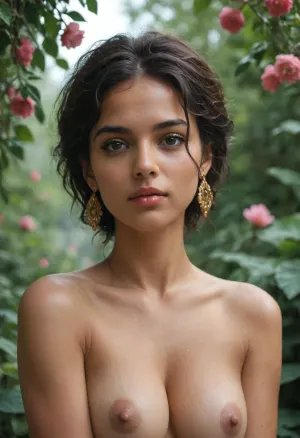 Generate a ancient portrait of an indian prince half naked enjoying the company of a naked Indian woman in a garden with beautiful green background and beautiful varieties of flowers