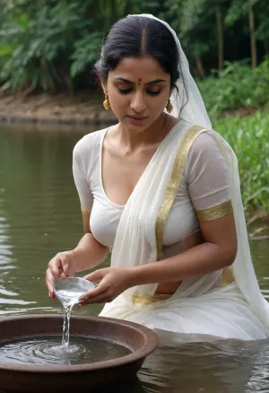 Imagine it's the year 1990. A married woman is wearing a transparent white saree without a blouse. She is completely wet. Her beautiful round large breast are visible through her saree. She is pouring water into her pot from a lake