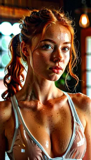 (low light image:1.7), (full body view 2.5), student, communist worker, perfect very cute face, 21 years old very cute girl, firm medium breasted, (overflowing cleavage), ultra realistic skin, horny expression, stunning, sexy, (she dresses very wet transparent work jumpsuit 2.5), innocent, hot, loving face, very cute loving smile, open mouth, redhead, red hair, (sport ponytail with sidelocks:1.2), gymnastics ass, gymnastics legs, gymnastics steps, gymnastic hands, high cheekbones, small lips, small nose, almond-shaped bold and vibrant look, curvy athletic build, hourglass figure, Rating_explicit, (masterpiece, ultra-detailed, erotic glamour), high quality, cameltoe pussy, blush, blushed, blushing, very much blush on the checks and nose, lots of freckles face, lots of freckles head, lots of freckles body, no makeup, oiled skin, horny face, perfect eyes, <lora:MJ52:.8>, <lora:607315_training_data:1.1>