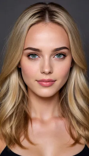 The subject has an oval-shaped face, with a moderately wide forehead and soft, slightly rounded cheekbones, no makeup, The nose is medium-sized, with a straight bridge and a slightly rounded tip, which fits well with the overall face. The mouth is medium-sized, with well-defined lips, the upper lip slightly thinner than the lower. She displays a soft, natural smile, revealing a friendly expression. The eyes are Green large and expressive, with dilated pupils, giving an air of curiosity and tranquility. The eyebrows are thin, well-defined, and follow the shape of the eyes, accentuating the facial expression. The skin is clear and even, without obvious lines, and the cheeks appear slightly softened, contributing to a youthful and fresh appearance. The hair is long, light blond, with some soft waves falling down the sides of the face, creating a relaxed and natural look. The lighting in the photo highlights the facial details well, providing a soft and balanced contrast., supermodel, face, big, lips, <lora:Beautify-Supermodel-SDXL:.8>, <lora:1228684_training_data:.8>