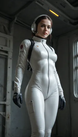 A female astronaut floating in zero gravity inside a high-tech, dimly lit space station corridor, viewed from behind at a diagonal low angle, her body gently rotating in the weightless environment, her slim figure outlined by the soft blue and red ambient lighting from various control panels and status screens, wearing a partially unzipped futuristic space suit made from glossy, form-fitting material with semi-rigid segments around her arms and legs, the upper part of her suit open and drifting slightly due to motion, revealing a tight inner undersuit clinging to her torso and hips, the undersuit designed with sleek thermal panels and iridescent textures, its cut accentuating the curves of her thighs, hips, and glutes, the material stretched taut across her rear as she floats with legs slightly bent and parted, one foot drifting near a wall while the rest of her body arches slightly as if caught mid-motion, her helmet detached and floating nearby, dark short hair fanning out around her head, small tools and data pads suspended around her, a holographic interface projected in front of her showing oxygen levels and external diagnostics, her posture naturally twisting as she reaches forward toward the interface, causing her spine and hip alignment to curve suggestively, subtle reflections from illuminated surfaces highlight her body’s shape through the thin, glossy material, realistic texturing on the suit with tiny wear marks and seams, interior design of the space station detailed with emergency markings, pipes, and blinking consoles, atmospheric particles and tiny debris drifting in the air, high-contrast cinematic lighting with cool-toned shadows and glowing edges, sci-fi art style resembling high-resolution promotional key art for a space exploration RPG or cinematic sci-fi film, extreme realism in rendering of material physics, body shape, environmental effects, the entire scene composed to subtly focus on the astronaut's lower body and back