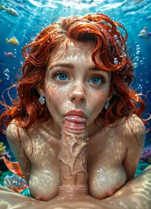disney, redhead Princess ariel, the little mermaid, mermaid body, topless, messy hair, looks curious, wet body, wet hair, detailed background, perfect detailed body, detailed skin texture, cute face, realistic face, full body view, under the sea, swimming towards camera, nude, breast exposed, blowjob, pov, FRESHIDEAS, Underwater, Palace, mermaid, <lora:FRESHIDEAS Underwater Palace:.8>, <lora:mermaid_xl_v1:.8>
