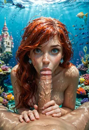 disney, redhead Princess ariel, the little mermaid, mermaid body, topless, messy hair, looks curious, wet body, wet hair, detailed background, perfect detailed body, detailed skin texture, cute face, realistic face, full body view, under the sea, swimming towards camera, nude, breast exposed, blowjob, pov, FRESHIDEAS, Underwater, Palace, mermaid, <lora:FRESHIDEAS Underwater Palace:.8>, <lora:mermaid_xl_v1:.8>