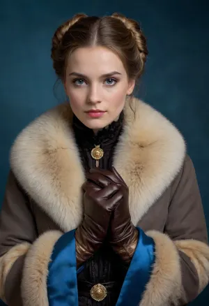 night, young woman, She is dressed in the latest fashion of the 1880s, coat decorated with fur and ribbons, a muff and thin leather gloves. Her look is regal, mysterious and a little sad, "Swedish" gloves made of the finest leather, a "Skobelev" coat decorated with sable fur and blue satin ribbons, a muff, a gold bracelet, all these are fashionable details of women's clothing of the 1880s, claiming expensive elegance, chiaroscuro, low-key