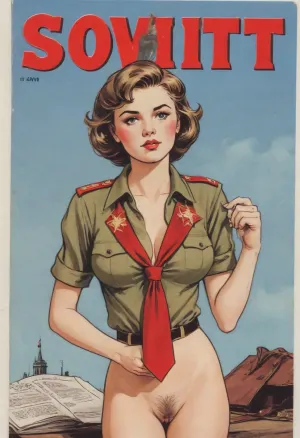 (single drawn girl:1.3), (illustration:1.3), (hand drawn:1.3), (drawn comics book cover:1.3), (TITLE text, "Soviet":1.3), (Soviet pioneer girl:1.2), Soviet pioneer girl 18yo, in a red scout tie on neck, hairy pussy, sexy random pose, sovietForm, full-length image, sopi, erotic in the background, <lora:iltromba_artwork_style_smm_SDXL_LORA_v07:.5>, <lora:text:1.1>