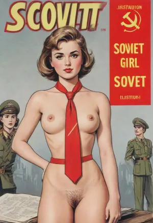 (single drawn girl:1.3), (illustration:1.3), (hand drawn:1.3), (drawn comics book cover:1.3), (TITLE text, "Soviet":1.3), (Soviet pioneer girl:1.2), Soviet pioneer girl 18yo, in a red scout tie on neck, hairy pussy, sexy random pose, sovietForm, full-length image, sopi, erotic in the background, <lora:iltromba_artwork_style_smm_SDXL_LORA_v07:.5>, <lora:text:1.1>