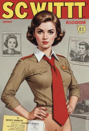 (single drawn girl:1.3), (illustration:1.3), (hand drawn:1.3), (drawn comics book cover:1.3), (TITLE text, "Soviet":1.3), (Soviet pioneer girl:1.2), Soviet pioneer girl 18yo, in a red scout tie on neck, hairy pussy, sexy random pose, sovietForm, sopi, erotic in the background, <lora:iltromba_artwork_style_smm_SDXL_LORA_v07:.5>, <lora:text:1.1>