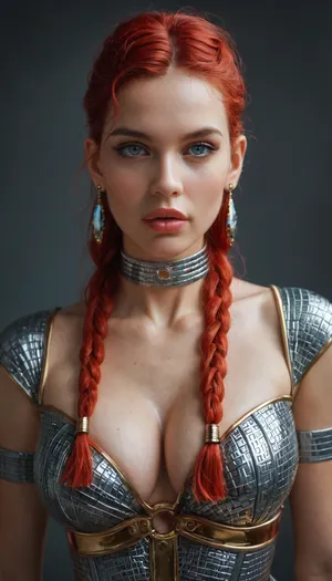 German woman, solo, a very very very long thick braid, red hair, full lips, thick lips, huge chest circumference, A gold band on her forehead. She wears a science-fiction version of a Sikh sari—an asymmetrical, draped outfit made of shimmering, semi-transparent fabrics and metallic threads. High-tech belts, futuristic sandals with slightly glowing soles, bracelets and earrings with intricate alien-Sikh fusion designs, and a choker.