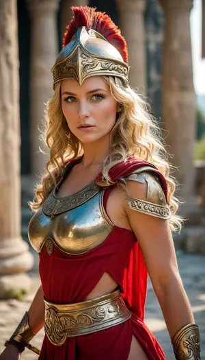 beautiful blonde woman 30 year old, greek warrior, red greek antic tunic, wavy hair, very clear blue eyes, greek helmet, antic greek armor, anatomique spartan armor, greek armor, proud, godess, (show one nipple), anal penetration, blow job, cum, gang bang, double penetration, Cumming, lying on side, torn tunic, temple burning, raw, Portrait, professional, color, grading, <lora:MJ52:2>, <lora:208210_training_data:2>