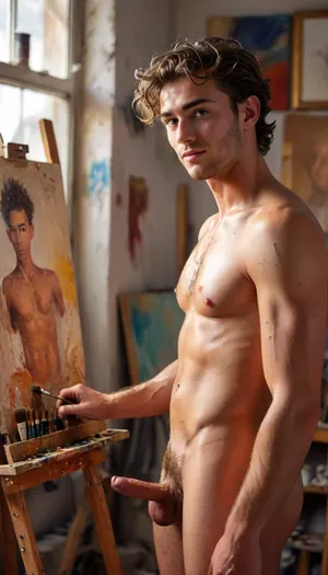 Spy photo. Full body view of a tanned beautiful young artist in a cluttered, semi-professional studio, well-build body, small fit ass, side view, ((thick natural pubic hair, cock and balls)), ((athletic nude frat boy)), sexy, beautiful, The artist is painting an oil painting of a male model, artist's brushes in hand, stands at the easel with the painted image of the model. Facing the easel. He has a perfect face, dark, realistic skin, and a serene smile. His nude model is unposed and is a well-built man, Perfect faces, perfect hands, perfect eyes. Surrounded by a very highly detailed chaotic semi-professional studio, painted self-portraits on the walls, numerous tubes of paint and brushes, all sorts of art supplies, and paintings on the walls. Chaotic, late summer afternoon, strong sidelight, warm sunlight shining brightly through the window, breaking through the dusty studio. cloudy, sunlight_str1, <lora:MJ52:1>, <lora:sunlight_str1-SDXL_v1-dim64-steps1691:.7>, <lora:add-detail-xl:1>, penis, <lora:xpenis-1.5e:.8>, Big, cock, <lora:pein:.8>