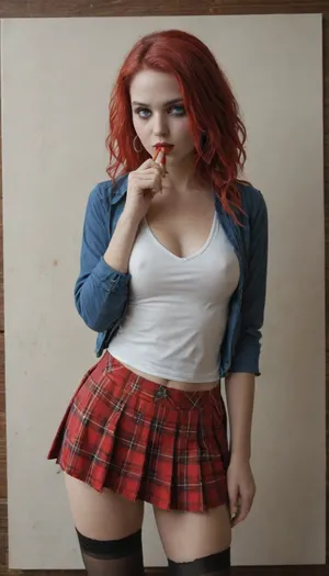 fantastic light airbrushing, volume, pearl tones in the style of Fallout New Vegas, a 50% dressed red-haired girl from Safe 22, hairstyle like Harley Quinn, a short plaid school skirt in the style of Fallout Vault, stockings with a wide elastic band, a small settlement of survivors, yellow light filter, drawing, watercolor