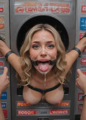 (40 years adult), (very happy:1.5), (woman is stuck with her hips in a round hole with metal rim in a vending machine), (her bust is protruding from a round hole in the front of the vending machine:1.5), (stuck in hole with metal rim:1.3), (vending machine at night, slot for payment), (wide mouth spreader ring gag, gaping mouth:1.5), (leaning forward), (wide smile:1.5), (showing thumbs up:1.5), (she needs it, pleading expression:1.2), (box is low mounted, close to floor), (score_9, score_8_up, score_7_up, UHD 8K, masterpiece, best quality, maximum details, natural light, extreme realism, cinematic still), (huge penis:1.4), (she stares at erect penis in front of her face:1.3), (POV from above, she is looking up to viewer, submissive), (POV man standing and looking down, man stroking his big dick:1.1), (arms restrained to wall), (her arms left and right flat against the wall, multiple iron rings fixing her stretched arms against the wall:1.5), (POV standing man, looking down on her:1.2), (mouth wide open), (dirty blonde Swedish woman, freckles, tanned), (tan lines), (iron rings restrain her arms to vending machine), (her arms are spread eagle against vending machine:1.8), (arms restrained with iron rings:1.8), (free-standing vending machine), (her face is covered in cum:1.6), (cum in her mouth:1.1), (bukkake, facial:1.3), (freckles, skin impurities), (transparent liquid:1.2), (realistic cum), (wet face:1.2), (oily skin:1.5), (stuck with hips in a round hole with metal rim:1.6), (long blonde hair, elegantly styled hair, long wavy hair:1.5), (eyes wide open in awe:1.3), (her mouth serves only one purpose), (she's got a new job, she's a public cum dumpster), (pink glossy lips:1.3), (shocking pink lips, pink lipstick:1.5), (eerie lighting:1.3), (smeared lipstick:1.3), (thick bimbo botox lips:1.5)