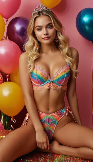 (masterpiece, best quality, ultra-detailed, photorealistic, HDR), dazzlingly beautiful 18-year-old woman, flawless fair skin with radiant peachy blush, ultra-youthful and highly sexy look, sweet symmetrical facial features, rounded rosy cheeks, petite upturned nose, very large expressive almond-shaped bright blue eyes, vivid rainbow eyeshadow blending electric blue, emerald green, hot pink, violet, gold, and orange, long thick black lashes, bold sculpted brows, shimmering gold and magenta highlighter on cheekbones, ultra-glossy full heart-shaped lips painted in vibrant ombré red-to-fuchsia, playful smile, long luxurious platinum blonde hair in bouncy loose waves with subtle pastel rainbow streaks, sparkling multicolor rhinestone birthday tiara, joyful and seductive party expression, wearing ultra-revealing lace lingerie in a kaleidoscope of colors, neon pink, coral, lavender, lemon yellow, sky blue, emerald, and white, multicolor floral embroidery, turquoise satin trim, hot pink micro thong with orange bows and lime green ribbons, neon rainbow garter belt, sheer thigh-high stockings with bold vertical rainbow stripes, pastel pink and yellow high-heeled platform sandals, petite but very curvy hourglass figure, large natural round breasts supported by iridescent lace bra, ultra-narrow waist, flat toned belly, pastel rainbow manicure, kneeling playfully on gleaming white studio floor, one hand gracefully posed near her lips, other resting beside a spectacular multicolor birthday cake, three tiers, pastel stripes, rainbow drip icing, candy sprinkles, bright sugar flowers, sparkling candles, surrounded by vivid metallic balloons in every color of the rainbow, (red, orange, yellow, green, blue, violet, pink), shimmering party streamers and confetti, small gift boxes in bright patterns with bold ribbons, iridescent HAPPY BIRTHDAY garland in sparkling letters, colorful party hats, disco balls, vibrant flower bouquets in glass vases, neon LED fairy lights glowing in multiple hues, fun and festive birthday party atmosphere, multi-directional studio lighting in rainbow tones, every detail of skin, hair, makeup, outfit, and scene rendered in sharpest focus, correct body and hand anatomy, five distinct non-fused fingers, <lora:MJ52:1>, <lora:SDXLHighDetail_v6-000005:.8>, <lora:Microwaist_XL_v01:.8>