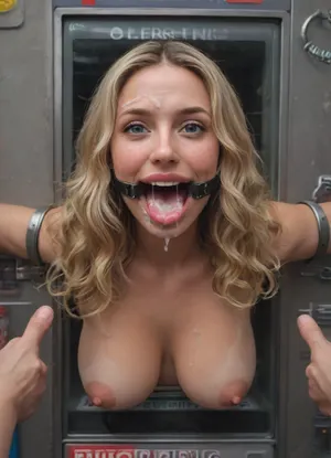 (40 years adult), (very happy:1.5), (she shows thumbs up:1.5), (woman is stuck with her hips in a round hole with metal rim in a vending machine), (her bust is protruding from a round hole in the front of the vending machine:1.5), (stuck in hole with metal rim:1.3), (vending machine at night, slot for payment), (wide mouth spreader ring gag, gaping mouth:1.5), (leaning forward), (wide smile:1.5), (she needs it, pleading expression:1.2), (box is low mounted, close to floor), (score_9, score_8_up, score_7_up, UHD 8K, masterpiece, best quality, maximum details, natural light, extreme realism, cinematic still), (huge penis:1.4), (she stares at erect penis in front of her face:1.3), (POV from above, she is looking up to viewer, submissive), (POV man standing and looking down, man stroking his big dick:1.1), (arms restrained to wall), (her arms left and right flat against the wall, multiple iron rings fixing her stretched arms against the wall:1.5), (POV standing man, looking down on her:1.2), (mouth wide open), (dirty blonde Swedish woman, freckles, tanned), (tan lines), (iron rings restrain her arms to vending machine), (her arms are spread eagle against vending machine:1.8), (arms restrained with iron rings:1.8), (free-standing vending machine), (her face is covered in cum:1.6), (cum in her mouth:1.1), (bukkake, facial:1.3), (freckles, skin impurities), (transparent liquid:1.2), (realistic cum), (wet face:1.2), (oily skin:1.5), (stuck with hips in a round hole with metal rim:1.6), (long blonde hair, elegantly styled hair, long wavy hair:1.5), (eyes wide open in awe:1.3), (her mouth serves only one purpose), (she's got a new job, she's a public cum dumpster), (pink glossy lips:1.3), (shocking pink lips, pink lipstick:1.5), (eerie lighting:1.3), (smeared lipstick:1.3), (thick bimbo botox lips:1.5)