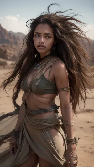 woman mid shot in Illustration of an 18-year-old post-apocalyptic nomad, a wanderer traversing the desolate wasteland with grace and resilience. Her features captivate with a lovely face, striking emerald eyes, and freckles dusting her weathered skin. Tribal tattoos embellish her arms, telling stories of survival and adaptation. Her hair, a cascade of chestnut waves, dances in the wind as she moves with purpose through the barren landscape. Draped in tattered, earth-toned fabrics, she exudes an aura of rugged beauty and resourcefulness. With a stoic yet alluring expression, she strikes a pose against the backdrop of crumbling ruins and distant horizons, embodying the spirit of resilience in a world forever changed.































#KITTYART