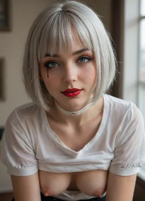 Emo girl, girl 25 years old, silver hair, (bob cut with bangs:1.5), smile, Blue eyes, goth girl, goth makeup, red lipstick, cat eye makeup, smudged makeup, erect nipples, juliet sleeves, white choker, gold jewelry, down blouse, loose shirt, nipples, leaning forward, bending over, front view, looking at viewer, warm smile, without the lower part of the clothing