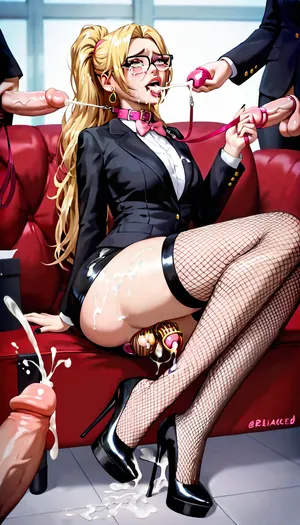 20 years old Asian futanari, crying expression, feminine face, very long straight bleached hair, black rimmed glasses, pink slut collar, hourglass feminine body, black fishnet stockings, black high heels, black blazer, black mini skirt, sitting on a black leather sofa in a teacher’s office, surrounded by male teachers with their dicks out, leash held by a male teacher connected to the collar, mouth full of cum, leaking cum down her chin, pink butt plug, erect-futa, erect, testicles, erection, cumshot, cum, chastity cage, metal chastity cage, <lora:SDXLlora13ErFut:.8>, <lora:275493_training_data:.8>