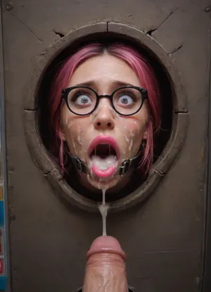 (40 years black adult whore), (woman is stuck with her hips in a round hole with metal rim in a vending machine), (her bust is protruding from a round hole in the front of the vending machine:1.5), (stuck in hole with metal rim:1.3), (vending machine at night, slot for payment), (wide mouth spreader ring gag, gaping mouth:1.5), (leaning forward), (embarrassed, ashamed), (pleading expression:1.2), (terrified:1.6), (crying), (fear and panic:1.2), (box is low mounted, close to floor), (score_9, score_8_up, score_7_up, UHD 8K, masterpiece, best quality, maximum details, natural light, extreme realism, cinematic still), (huge penis:1.4), (she stares at erect penis in front of her face:1.3), (POV from above, she is looking up to viewer, submissive), (POV man standing and looking down, man stroking his big dick:1.1), (arms restrained to wall), (her arms left and right flat against the wall, multiple iron rings fixing her stretched arms against the wall:1.5), (POV standing man, looking down on her:1.2), (mouth wide open), (black busty librarian, glasses, wearing spectacles:1.4), (Nigerian slut, elegantly styled hair, hair tied back in a bun, conservative appearance:1.5), (iron rings restrain her arms to vending machine), (her arms are spread eagle against vending machine:1.8), (arms restrained with iron rings:1.8), (free-standing vending machine), (her face is covered in cum:1.6), (cum in her mouth:1.1), (bukkake, facial:1.3), (transparent liquid:1.2), (realistic cum), (wet face:1.2), (oily skin:1.5), (stuck with hips in a round hole with metal rim:1.6), (eyes wide open in horror:1.3), (her mouth serves only one purpose), (she's got a new job, she's a public cum dumpster), (pink glossy lips:1.3), (shocking pink lips, pink lipstick:1.5), (eerie lighting:1.3), (smeared lipstick:1.3)