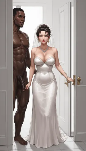 white milf fucked by naked black man, (interracial:1.5), African brute, hesitant, (pale skin:1.1), bride, before fucking, doorway