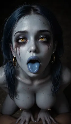 1girl, ((blue hair, bright glowing neon yellow eyes, blue skin, (zombie skin), , , zombie, zombie makeup, (pale blue skin:1), (face close up), , , blue tongue out:1.2)), lots of spit, saliva dripping down, ahegao, orgasm, sweating, red heart eyes, top down view, on knees, gigantic massive saggy breasts, pierced nipples, blue shiny lipstick, twintails, ruined, makeup, <lora:xl_mega_twin_drills-1.0:.5>, <lora:dark:.6>, <lora:dvr-shrp:.8>, <lora:Image Enhancer XL Extreme v1:.8>, <lora:Rawfully Stylish v0.2_epoch_20:.7>