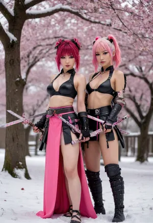 Japanese two samurai girls, flashing nipples, holding a neon and platinum sword by one hand fingers around the sword holding, wearing a designed sexy samurai armor, black and pink hair. red eye balls, under a cherry tree. open tits, full body. snow, second girl same dress and but she holding a chain knife.