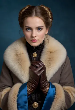 night, young woman, She is dressed in the latest fashion of the 1880s, coat decorated with fur and ribbons, a muff and thin leather gloves. Her look is regal, mysterious and a little sad, "Swedish" gloves made of the finest leather, a "Skobelev" coat decorated with sable fur and blue satin ribbons, a muff, a gold bracelet, all these are fashionable details of women's clothing of the 1880s, claiming expensive elegance, chiaroscuro, low-key