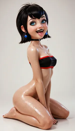 Mavis, Hotel Transylvania, open smile, wet skin, natural breast, hanging tits, cleavage, open top, sexy wear, very petite, very wide thigh gap, (squeeze breast), very tight, side view pose, (extra small tube top), detailed choker, full body, tongue, out, ahegao, drool, NEGATIVE_HANDS, <lora:426878_training_data:.8>, <lora:ahegao_mr_chrisma:.8>