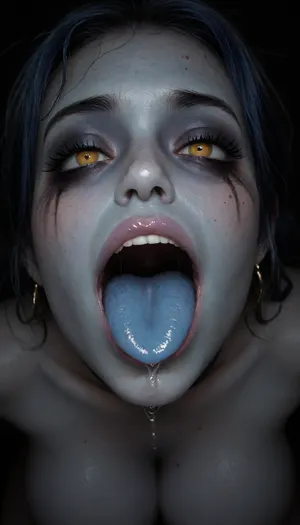 1girl, ((blue hair, bright glowing neon yellow eyes, blue skin, (zombie skin), , , zombie, zombie makeup, (pale blue skin:1), lip piercing, nose piercing, (face close up), , , blue tongue out:1.2)), lots of spit, saliva dripping down, ahegao, orgasm, sweating, red heart eyes, top down view, on knees, gigantic massive saggy breasts, pierced nipples, blue shiny lipstick, twintails, ruined, makeup, <lora:xl_mega_twin_drills-1.0:.5>, <lora:dark:.6>, <lora:dvr-shrp:.8>, <lora:Image Enhancer XL Extreme v1:.8>, <lora:Rawfully Stylish v0.2_epoch_20:.7>