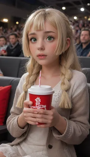 Lillie from pokemon, big green eyes, skinny, 18 years old, small cups, detailed snow-white skin, Very small and thin, detailed face, masterpiece, award-winning photography, realism, ultra-realism, UHD 8K, extreme realism, maximum detail, Dollblush1, solo, braid, lillie, (pokemon\), 1girl, sun, ribbon, blonde, hair, long, braids, blunt, bangs, green, bare, arms, .8>, <lora:Dollblush1:2>, <lora:Lillie_Pokemon_XL:.8>, <lora:lillie_(pokemon):.6>, (((from, side))), (((horror, movie))), (((crowd))), ((big, screen)), ((hands, on, own, face)), ((cinema, seating)), scared, crying, with, eyes, open, cocacola, disposable, cup, popcorn, plaid, jacket, stairs, night, mouth, <lora:girllikehorrormovie_sdxl:.8>