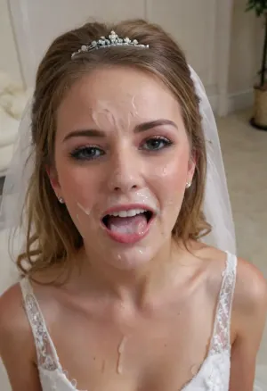 3/4 body shot of happy woman wearing wedding dress with cum on her forehead, facial, <lora:Facials:.5>, open mouth, (cum in mouth:1.3), <lora:JustCum:.5>