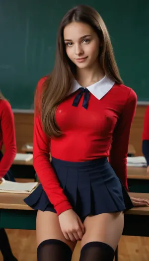 petite skinny girl 18 years old, erotic life-size photo, 18 years old, happy, perfect, slender body, spread legs, smooth pussy, (without panties), ((visible pussy)), breasts with a cup of "c", cute face, looking at the camera, (visible breasts:1.3), (perfect face), long hair, stockings, beautiful red school blouse, nude bottom, classroom, micro -skirt