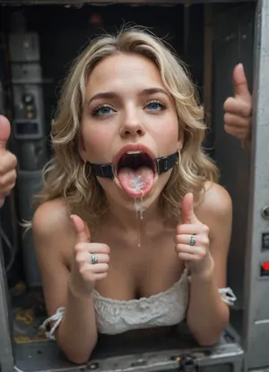 (woman is stuck with her hips in a round hole with metal rim in an arcade machine on a busy street, wearing mouth spreader), (stuck in round hole with metal rim:1.1), (long blonde hair, elegant curls), (shocking pink botox lips), (wide metal box), (her arms are fully stretched out to the sides), (arms restrained in contraption:1.4), (wide angle, full machine in picture:1.1), (bustling street, passersby:1.3), (wide smile, obsessive:1.3), (her arms are fixated in machine, she shows thumbs up:1.5), (score_9, score_8_up, score_7_up, UHD 8K, masterpiece, best quality, maximum details:1.2), natural light, extreme realism, cinematic still, (very happy), (her hands are protruding from holes:1.3), (stuck in hole with metal rim), (wide mouth spreader ring gag, gaping mouth:1.7), (leaning forward), (huge penis), (she stares at erect penis in front of her face:1.3), (cum on her face, bukkake:1.3)
