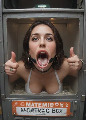 (line-up of women that are stuck with their hips in a round hole with metal rim in an arcade machine on a busy street, wearing mouth spreader), (huge sign on top of machine reading "#DreamJob":1.3), (stuck in round hole with metal rim:1.1), (wide metal box), (her arms are fully stretched out to the sides), (arms restrained in contraption:1.4), (wide angle, full machine in picture:1.1), (bustling street, passersby:1.3), (wide smile, obsessive:1.3), (her arms are fixated in machine, she shows thumbs up:1.5), (score_9, score_8_up, score_7_up, UHD 8K, masterpiece, best quality, maximum details:1.2), natural light, extreme realism, cinematic still, (very happy), (her hands are protruding from holes:1.3), (stuck in hole with metal rim), (wide mouth spreader ring gag, gaping mouth:1.7), (leaning forward), (huge penis), (she stares at erect penis in front of her face:1.3), (cum on her face, bukkake:1.3)