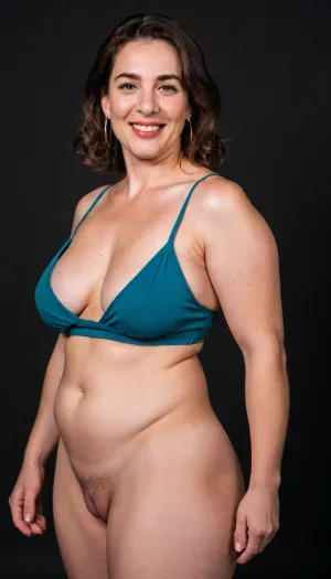 3/4 side view, Curvy gilf, looking at viewer, eye contact, portrait photo a ssbbw mature 60 year old woman, wearing a green v-neck sleeveless spaghetti strap long dress, hourglass figure, wide, huge hips, large waist, narrow waist, thick, thighs, saddlebags, round face, chubby cheeks, wrinkles, flushed cheeks, double chin, big eyes, long hair, brunette hair with highlights, medium hair, big smile, mouth open, lips parted, big lips, teeth showing, perfect teeth, joyful smile, (solid blank black background), pokies, hoop earrings, (wrinkles), (drooping saggy conical breasts), sagging, breasts, apart, hard nipples