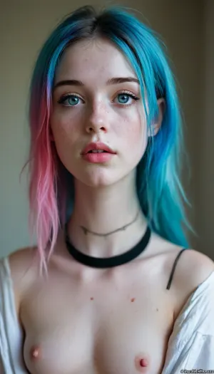 petite student, rainbow hair, black choker, freckles, pink lipstick, Sex, Erotica, ripped revealing clothes, goth, Small tits, full body view, Tinymodel, young, schoolgirl, pretty young, Young girls, 18 years old, perfect face, blue eyes, cute, closeup, petite body, smokey eyes, full body photo, beautiful face, fluxenh4nce, <lora:MJ52:.3>, <lora:FLUXEnh4nce:.8>, pale, skin, <lora:Pale_Skin_SDXL_v1.0:.8>